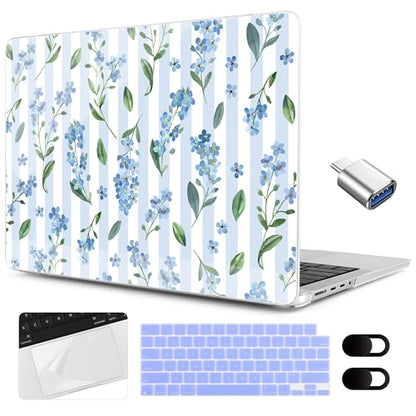 MEEgoodo Compatible with MacBook Pro 14 inch Case(M5/M4/M3/M2/M1)Pro/Max 2026 2025 2024 2023 2021,Fit Model A3427/A3426/A3434/A3112/A3401/A3185/A2918/A2992/A2779/A2442, Blue Watercolor Flowers&Stripes - color: Blue Watercolor Flowers&Stripes