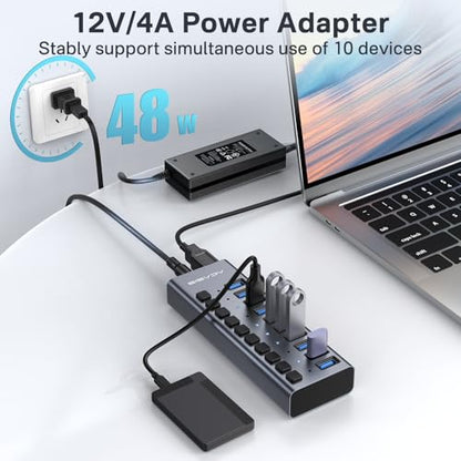 ACASIS Powered 10 Ports USB 3.2 Hub, 10Gbps Data Transfer, 48W Adapter | Individual On/Off Switch for Each Port • Aluminum Housing • Better Heat Dissipation • Plug & Play - size: 10 ports