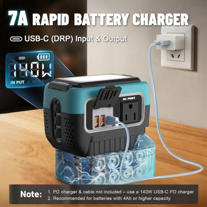 240W Power Inverter Pure Sine Wave for Ma-Ki-ta 18V Battery | No Battery, 7A Fast Charger,Portable Power Station with 120V AC Outlets, USB-C (140W), 2 QC USB Ports(18W), 600LM LED - color: Teal