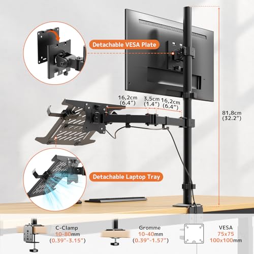 PUTORSEN Monitor and Laptop Mount Stand for Max 49" Screen and 18" Notebook | Fully Adjustable Monitor Arm, Vented Tray, Holds up to 44lbs, 2 Mounting Options