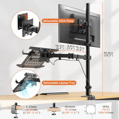 PUTORSEN Monitor and Laptop Mount Stand for Max 49" Screen and 18" Notebook | Fully Adjustable Monitor Arm, Vented Tray, Holds up to 44lbs, 2 Mounting Options