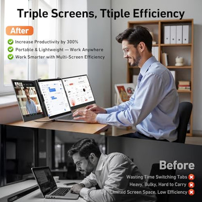 14.1'' Triple Laptop Screen Extender, 2.2lbs Ultra-Light Portable Monitor | 1080P FHD IPS, Fits 13-17.3" Laptops, USB-C Plug & Play No Driver, Extended for Windows/Mac/Chrome, Aluminum Alloy Body - color: 14" Dark Grey