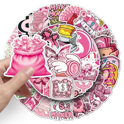 50Pcs Pink Money Stickers Y2K Vinyl Set | Aesthetic money themed waterproof vinyl decals for laptops, water bottles,phone cases, DIY crafts and personal decor. - style: Pink Money Stickers