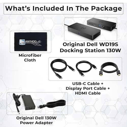 Dell WD19S Docking Station 130W (90W Power Delivery), Dell Docking Station for Laptop with 130W Power Adapter + HDMI + DisplayPort + USB-C Cable + Microfiber Cloth (Renewed) - style: WD19S 130W Renewed