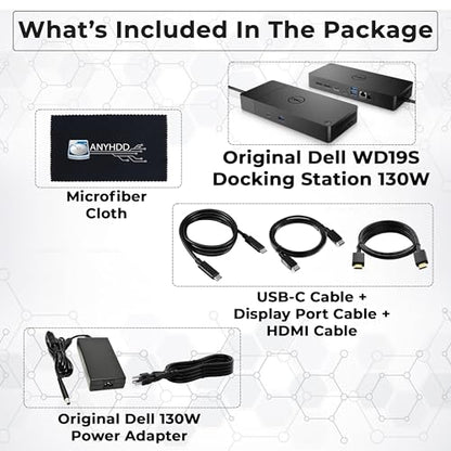 Dell WD19S Docking Station 130W (90W Power Delivery), Dell Docking Station for Laptop with 130W Power Adapter + HDMI + DisplayPort + USB-C Cable + Microfiber Cloth (Renewed) - style: WD19S 130W Renewed