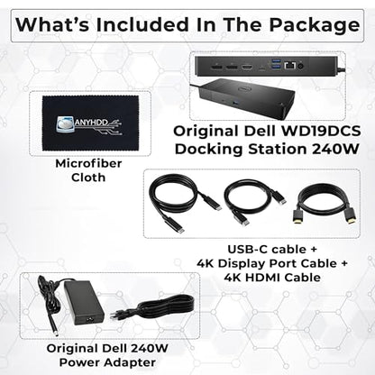 WD19DCS Dell Docking Station Dual Monitor - 4K Display, USB-C Performance Dock with 240W Adapter, HDMI, DisplayPort, USB-C Cables & Cloth (Renewed)