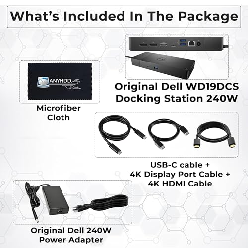 WD19DCS Dell Docking Station Dual Monitor - 4K Display, USB-C Performance Dock with 240W Adapter, HDMI, DisplayPort, USB-C Cables & Cloth (Renewed)