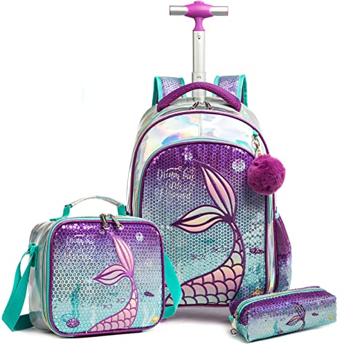 School Kids Rolling Backpack for Girls 3PCS With Trolley Wheeled Backpacks - color: Purple-220308-l
