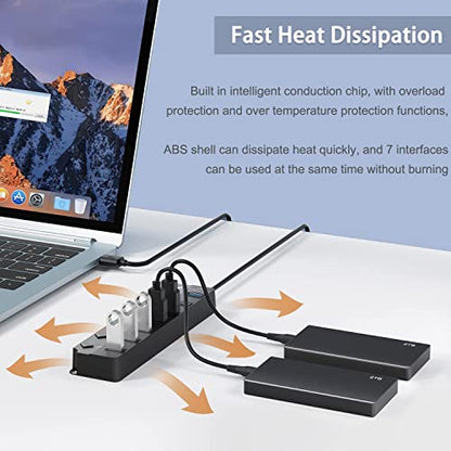 USB Hub 3.0, 7-Port USB Hub Splitter with Individual On/Off Switches and Lights Compatible with MacBook, Laptop, Surface Pro, PS4, PC, Flash Drive, Mobile HDD