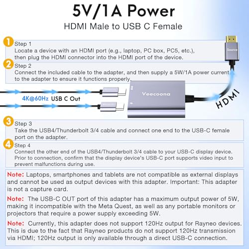 HDMI to USB C Adapter 4K 60Hz Portable Monitor, Unidirectional HDMI Male (Source) to USB C Female (Display) Adapter for AR Glasses XREAL One、Air 2 Pro/VITURE Pro/RayNeo Air 2s/Rokid,Switch,PS4/5,Xbox