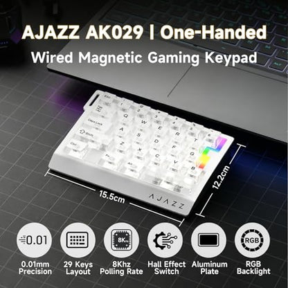 AJAZZ AK029 Wired One-Handed Hall Effect Mechanical Gaming Keypad, 29 Keys | Magnetic Switch, Rapid Trigger, 8KHz Polling, SOCD/DKS, RGB Backlit, Web Driver Customizable, Portable, White Transparent - color: Transparent White