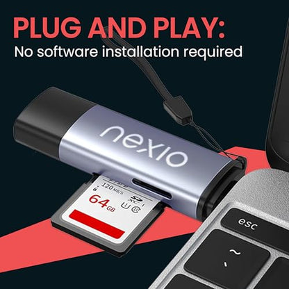 NEXIO USB 3.0 SD Card Reader, Dual Slots, 5 Gbps, Compatible with Apple & Windows, Supports microSDXC, microSD, SDXC, SDHC, SD Card, 64 GB Capacity
