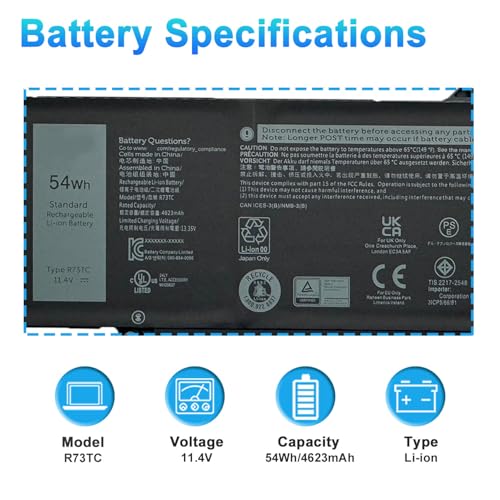 54Wh R73TC DR02P Battery Replacement for Dell Latitude 3340 5340 5350 5440 5540 7455 Latitude 5340 2-in-1 5350 2-in-1 Precision 3480 3580 3490 3590 inspiron 14 Plus 7441 P170G P37G Series GRWKG JTG7N - size: 11.61*4.02*0.75inch R73TC