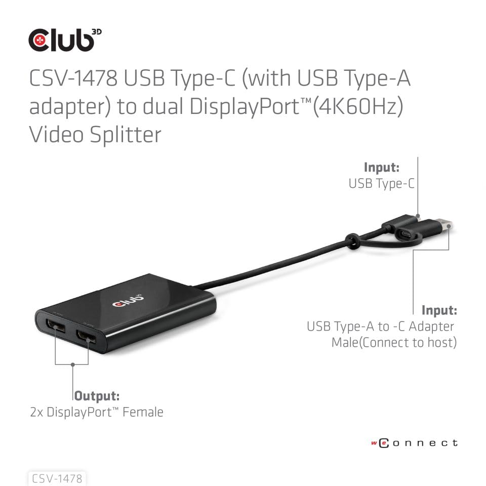 Club 3D CSV-1478 USB-C(with USB Type A Adapter) to Dual DisplayPort Video Splitter 4K60Hz