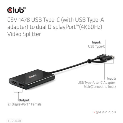 Club 3D CSV-1478 USB-C(with USB Type A Adapter) to Dual DisplayPort Video Splitter 4K60Hz