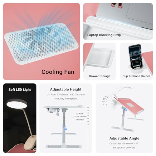 Adjustable Laptop Lap Desk with Cooling Fan USB Light for Adults - color: Pink,70x45cm