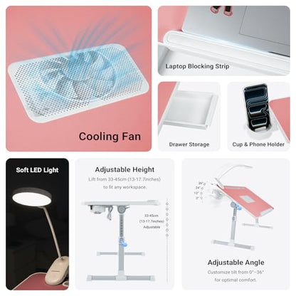 Adjustable Laptop Lap Desk with Cooling Fan USB Light for Adults - color: Pink,70x45cm