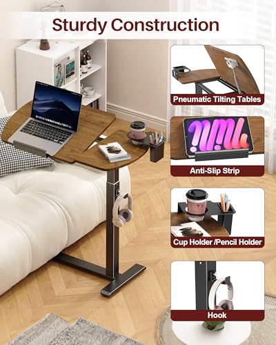 Overbed Table with Wheels, Pneumatic Lift and Tilting Top (Walnut) | Height Adjusts 24.4–42.9 In, Desktop Tilts 0°–70° With Hidden Casters, Cup Holder, Pen Holder And Headphone Hook - color: Walnut