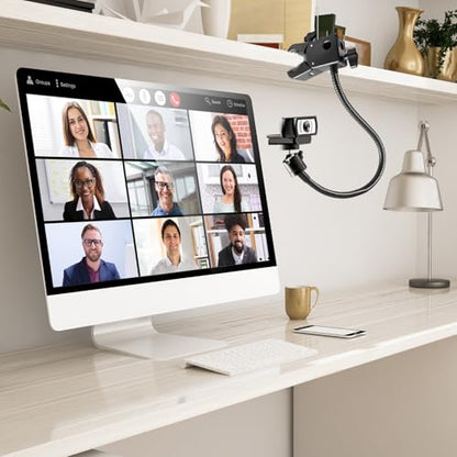 Webcam Stand, Webcam Mount Gooseneck Arm with Phone Holder Web Camera Stand Desk Mount Clip Clamp for Logitech Webcams C922 C930e C920S C920 C615 C960 C920x BRIO 4K NexiGo N60 and More