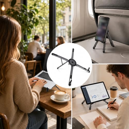 3-in-1 Portable Laptop Stand, Aluminum Alloy Foldable & Adjustable Travel Laptop Desktop Riser Stand Holder with Magnetic Metal Ring & Storage Bag Suitable for Mobile Phones Tablets Computer