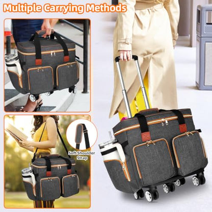 Rolling Teacher Tote Bag with Detachable Trolley, 5-Wheeled Teacher Bag with 15.6 inch Laptop Compartment& Accordion File Organizer, Multifunctional Rolling Briefcase for Teaching& Office
