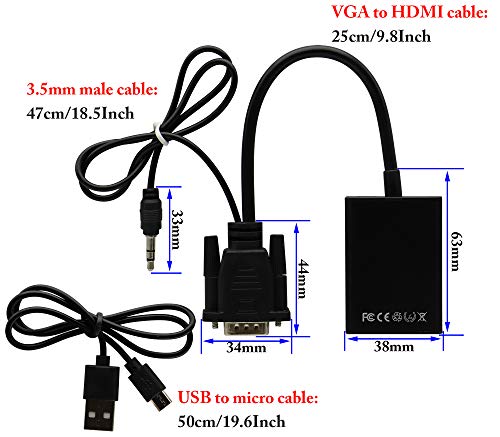 VGA to HDMI Converter Adapter, Output 1080P VGA Male to HDMI Female Audio Video Cable Converter Adapter, for Computer, Laptop, Projector, HDTV with Audio Cable and USB Cable (Black) - color: VGA M/F
