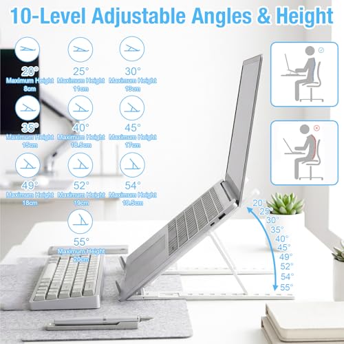 Marte Vanci Laptop Stand for Desk, Portable Computer Riser with 10 Adjustable Levels, Foldable Notebook Holder Ergonomic Ventilated Cooling ABS Computer Stand for Laptops Tablets White - color: White