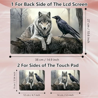 Laptop Skin Sticker Decal 12" 13" 13.3" 14" 15" 15.6",Waterproof Scratch Resistant Vinyl,Reusable Easy to Apply,for MacBook HP Dell Notebooks Netbooks Laptop,2 Wrist Pads,Crow Wolf Forest - color: Crow Wolf Forest