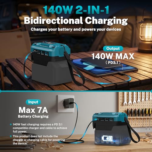 140W USB Battery Charger Adapter Compatible with Makita 18V Battery | PD 3.1 Fast Charging with Dual USB-C, 18W USB-A, Portable Phone Charger with 700LM LED Work Light and LED Screen Display - color: Black