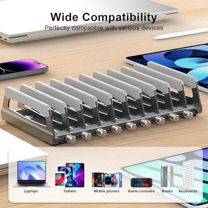 10-Slot Vertical Laptop Stand & Holder – Adjustable Aluminum Laptop Stand Vertical for Desk Fits 10 Devices, MacBook & Gaming Laptops (Up to 17.3”) – Space Saving Laptop Storage Rack - Grey - size: 10 - Slot