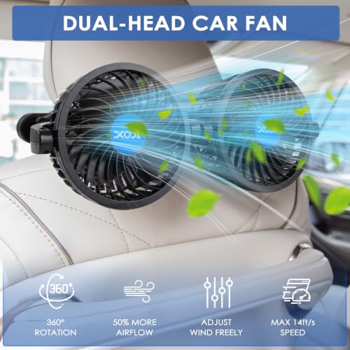 XOOL Electric Car Fans for Rear Seat Passenger Portable Fans Headrest 360 Degree Rotatable Backseat Car Fan 12V Cooling Air Fan with Stepless Speed Regulation for Vehicles, SUV, RV - size: Cigarette Dual Fan - Back