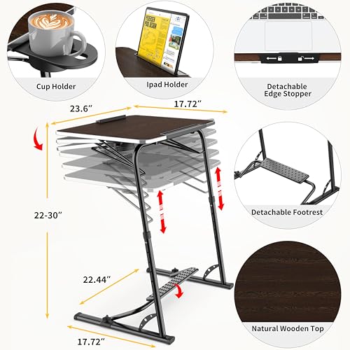 Upgraded Folding TV Tray Table, Extra Large & Sturdy Laptop Table for Couch | Height & Angle Adjustable Desk for Dinner, Work & TV - Includes Footrest, Cup Holder, iPad Holder & Edge Stopper - color: (Black) - Dark Wood Mahogany