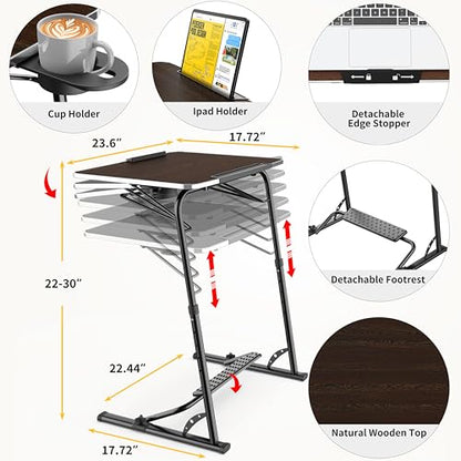 Upgraded Folding TV Tray Table, Extra Large & Sturdy Laptop Table for Couch | Height & Angle Adjustable Desk for Dinner, Work & TV - Includes Footrest, Cup Holder, iPad Holder & Edge Stopper - color: (Black) - Dark Wood Mahogany