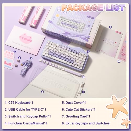 YUNZII C75 Cute 75% Wireless Mechanical Keyboard (Purple, Candy Switch) | Creamy Cake Keyboard, BT5.0/2.4G/USB-C, Hot-Swap, NKRO, PBT MOA Keycaps,5500mAh RGB Gasket Mount for Mac/Win/Gaming/Office - color: Purple, size: Candy Switch