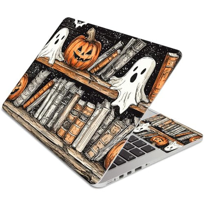 Laptop Skin Sticker 3-Piece Set,Bookshelves and Pumpkin | Trim-to-fit 3-piece vinyl set with one 15 x 10.6 in lid skin and two palm-rest decals for many 12-15.6 in laptops - color: Bookshelves And Pumpkin