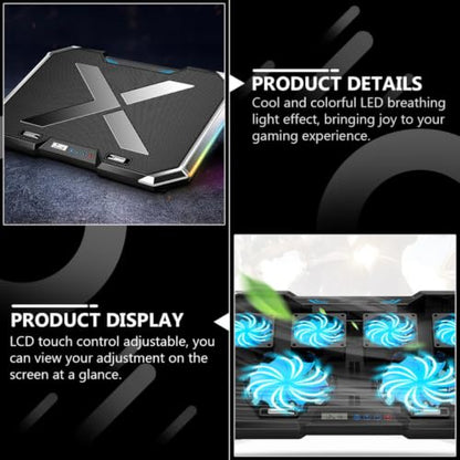 RGB LED Laptop Cooling Pad with 7-Gear Adjustable Ventilated Support, Alloy Material, Quiet Cooling Effect for Gaming Laptops, Black Cooler Stand with 7-Angle Adjustment