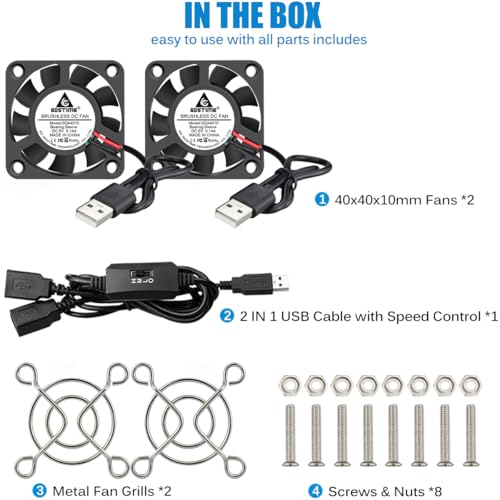 GDSTIME Dual 40mm USB Fans w/ 3 Speed Control 5V Mini Brushless Cooling Fan | for VR Gear, Aquarium, Terrarium, Roku, Router, Raspberry Pi, Cosplay, Helmet Cooling Ventilation - 40x40x10mm, 4010 - size: 40x10mm