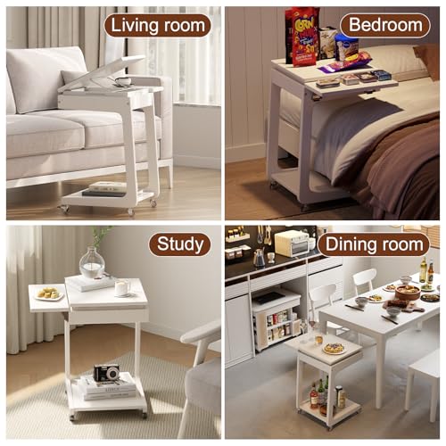Solid Wood C Shaped End Table for Couch,White C Table with Wheels,Rolling Side Table with Storage,Couch Desk with Adjustable Desktop,Rolling Tv Tray with Folding Shelf,Modern Couch Table - color: White