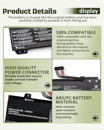 60Wh L23M4PK4 Battery for Lenovo LOQ 15IRX9 15ARP9 15AHP9 15IAX9 15IAX9I / Legion 5-15IRX10 5-15IAX10 Series - SB11M64615 5B11M64608 L23B4PK4 L23D4PK4 L23L4PK4-15.44V 3887mAh - size: 9.13*3.11*0.31 IN L23M4PK4