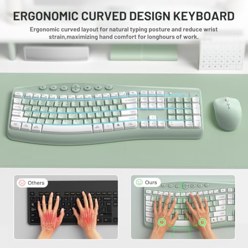 Wireless Keyboard and Mouse Combo Silent Ergonomic Curved Design for Office - color: Avocado green-A