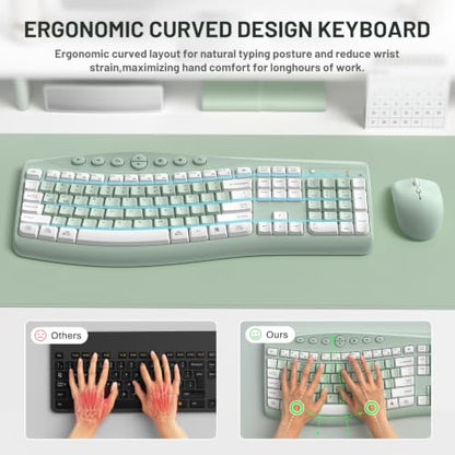 Wireless Keyboard and Mouse Combo Silent Ergonomic Curved Design for Office - color: Avocado green-A