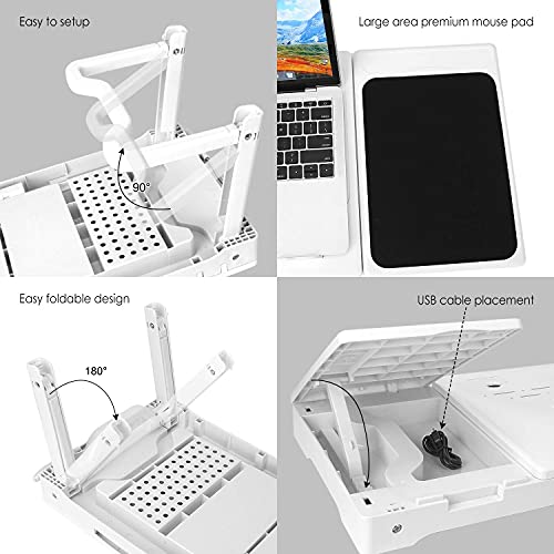 Laptop Table Bed Notebook Desk-Multi-Functional Laptop Bed Table Tray with Internal Cooling Fan, Laptop Desks with LED Light, 4 USB Ports, Storage, Mouse Pad (white)