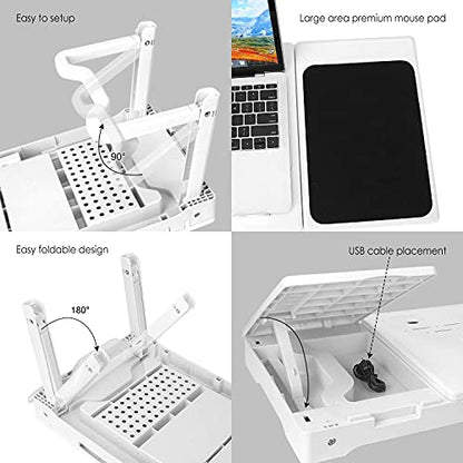 Laptop Table Bed Notebook Desk-Multi-Functional Laptop Bed Table Tray with Internal Cooling Fan, Laptop Desks with LED Light, 4 USB Ports, Storage, Mouse Pad (white)