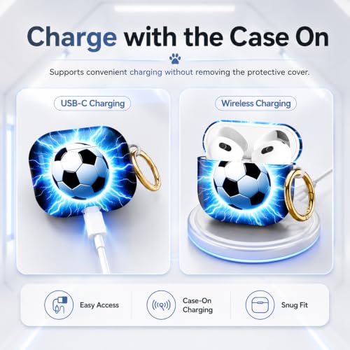 Compatible with AirPod 4 Case 2024, Cute Hard Plastic Protective Cover for Airpod 4th Generation Women, Shockproof Shell Skin with Gold Ring Keychain,Soccer Ball Lightning Energy - color: Soccer Ball Lightning Energy
