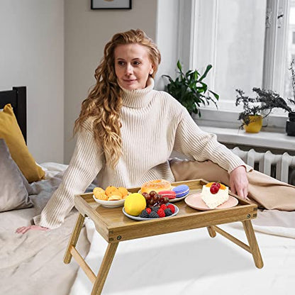 VaeFae Acacia Bed Table Tray, Wooden Breakfast Tray with Folding Legs, Bed Tray for Eating and Laptop, Eating Trays for Bedroom - size: Medium