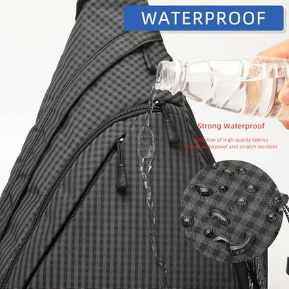 TurnWay Water-Proof Sling bag/Crossbody Backpack/Shoulder Bag with USB Charging Port for Travel, Hiking, Cycling, Camping - color: Black Grid