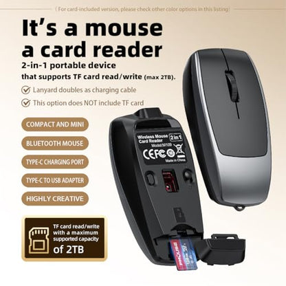 FMOUSE Ultra-Compact 2-in-1 Wireless Bluetooth Mouse & Micro SD Card Reader | Supports Up to 2TB | USB-C Rechargeable | 30g Lightweight | Compatible with Laptop Mac iPad Tablet | Business Travel | Grey - color: Grey / Without TF Card