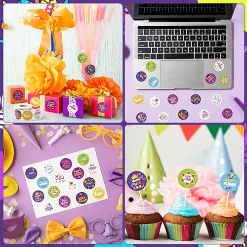 CNhoqc Happy Purim Stickers Roll - 1000 Pcs Round Happy Purim Waterproof Vinyl Reusable Laptop Sticker Coloring Book Scrapbook Water Bottle Page Activity Pad Party Favor Skateboard Gift Wraping Reward - style: Happy Purim