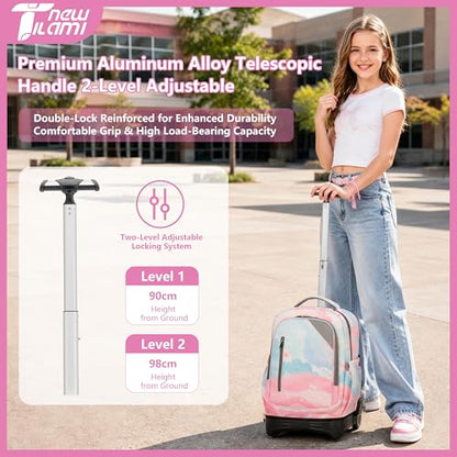 NEW TILAMI 18 Inch Rolling Backpack with Lunch Bag for Girls Boys School | 6-Wheel Stair-Climbing Girls Boys Carry-on Suitcase Water-Resistant Adjustable Trolley Handle Wheels School Travel Camping - color: Pink Sunset Glow