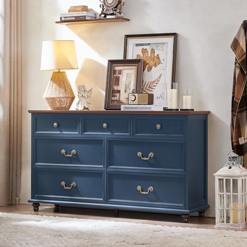 Joaxswe Farmhouse 7 Drawers Dresser for Bedroom, Navy Blue 54 Inch Wide Chest of Drawers w/ 4 Wooden Legs, Vintage Rustic Closet Dressers for Living Room, Large Wood TV Stand with Storage Organizer - color: Blue, size: 16"D x 54"W x 32"H (7 Drawers)